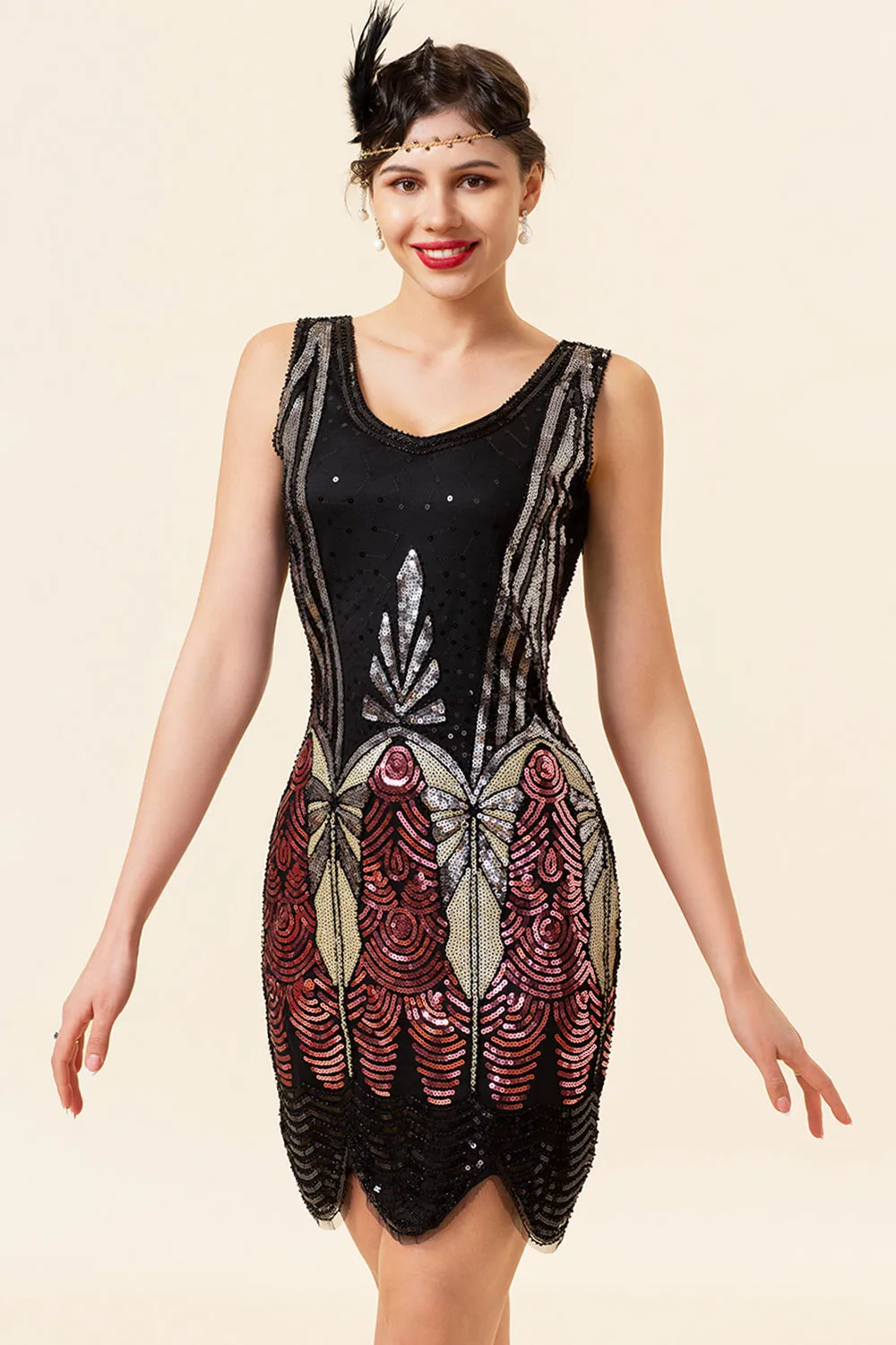 Red Sequins Fringes Flapper Dress with 20s Accessories Set sold by Zapaka product image thumbnail 4