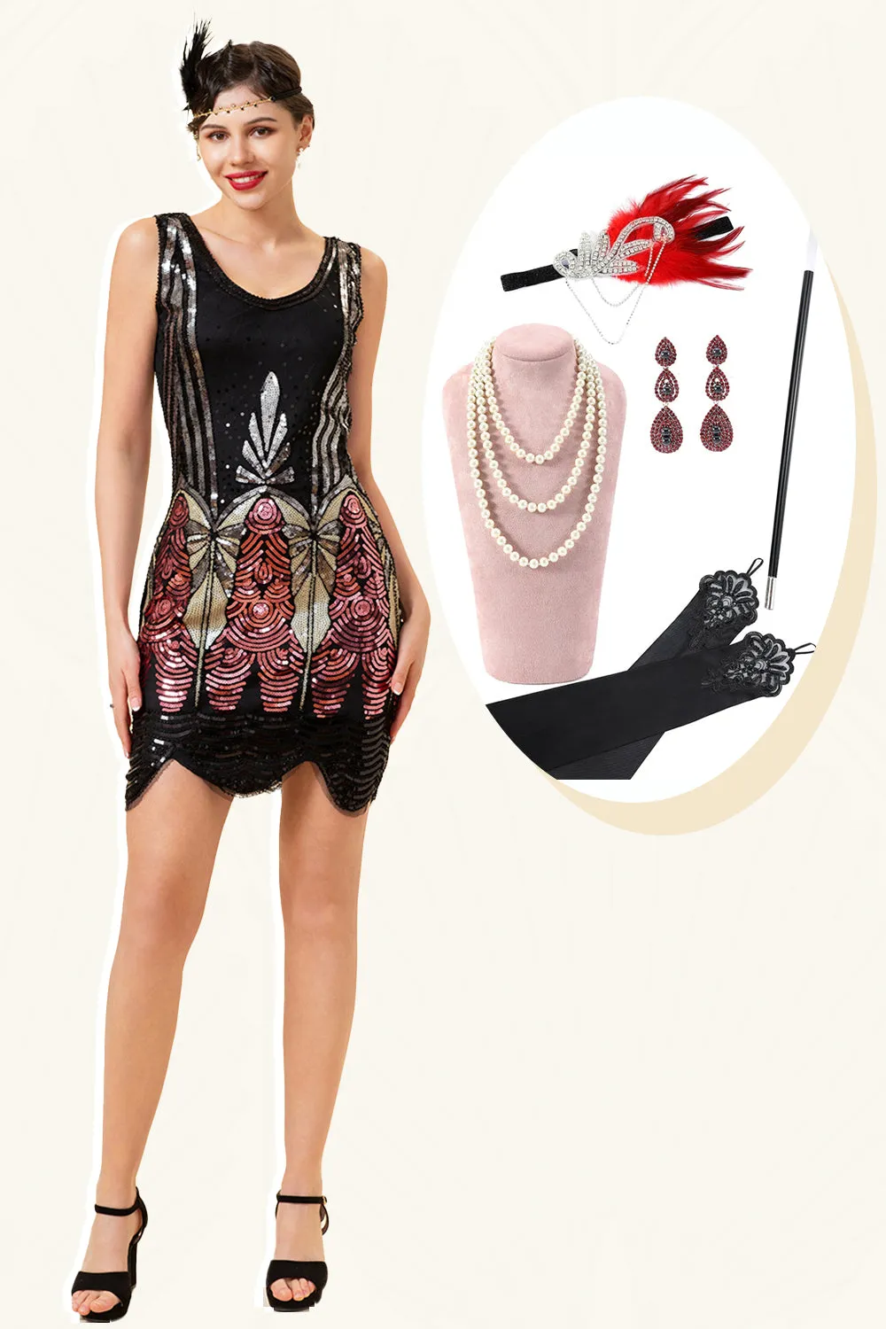 Red Sequins Fringes Flapper Dress with 20s Accessories Set sold by Zapaka
