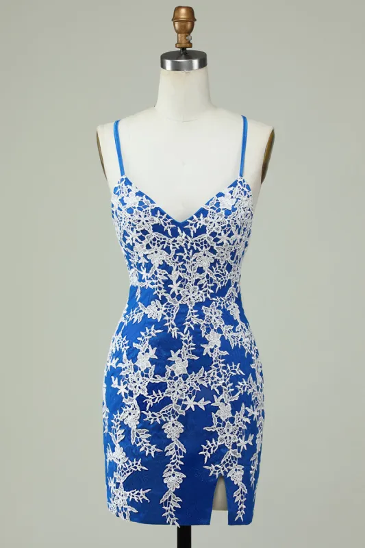 Spaghetti Straps Blue Sheath Homecoming Dress With Appliques sold by Zapaka
