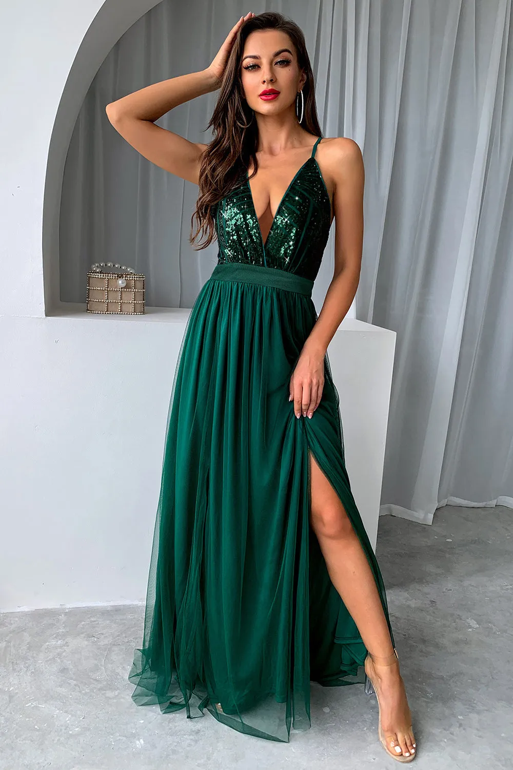 Dark Green A-Line Spaghetti Straps Long Prom Dress with Slit sold by Zapaka