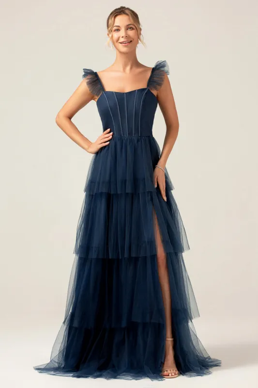 Detachable Straps A Line Navy Tiered Long Bridesmaid Dress sold by Zapaka