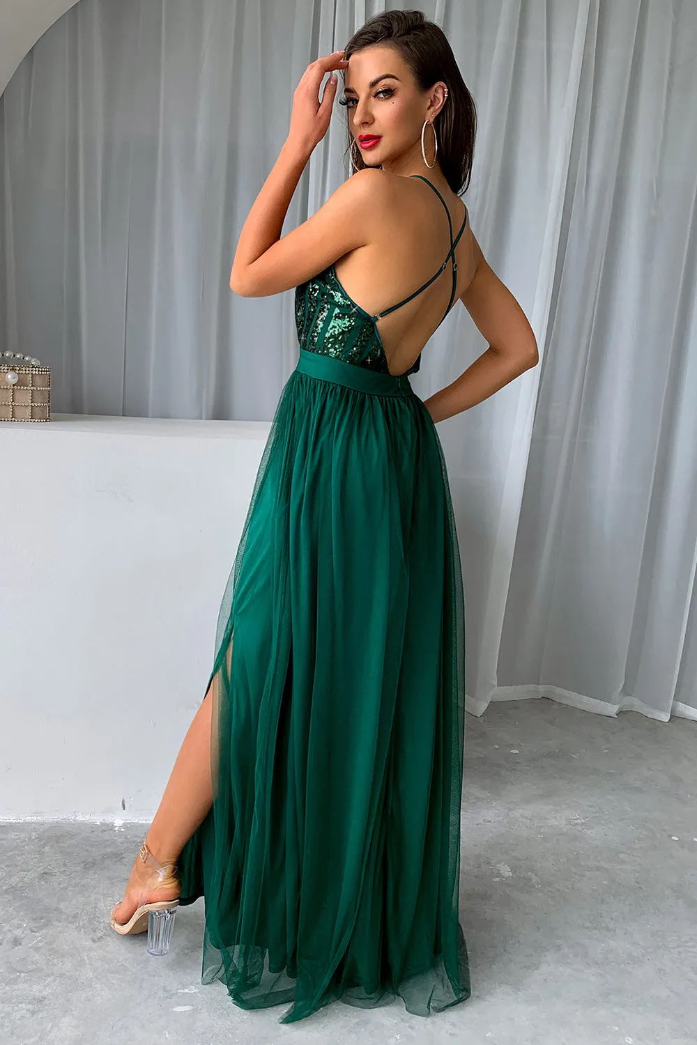 Dark Green A-Line Spaghetti Straps Long Prom Dress with Slit sold by Zapaka product image thumbnail 2