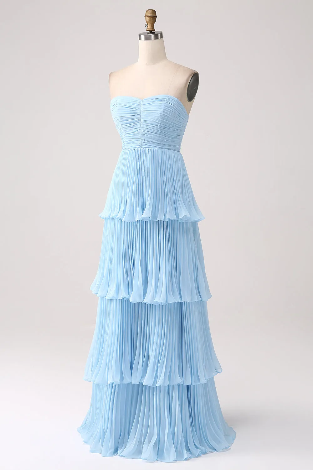 Strapless Sky Blue Sweetheart Long Bridesmaid Dress with Pleated sold by Zapaka product image thumbnail 3