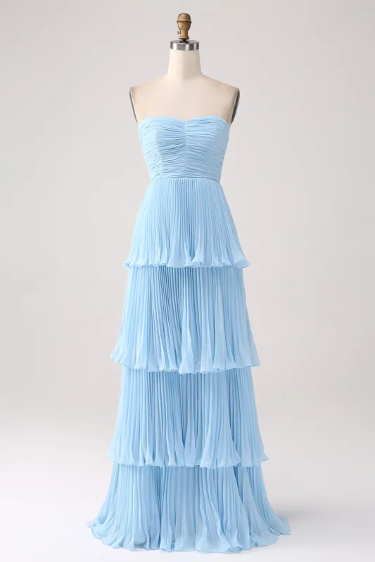 Strapless Sky Blue Sweetheart Long Bridesmaid Dress with Pleated sold by Zapaka