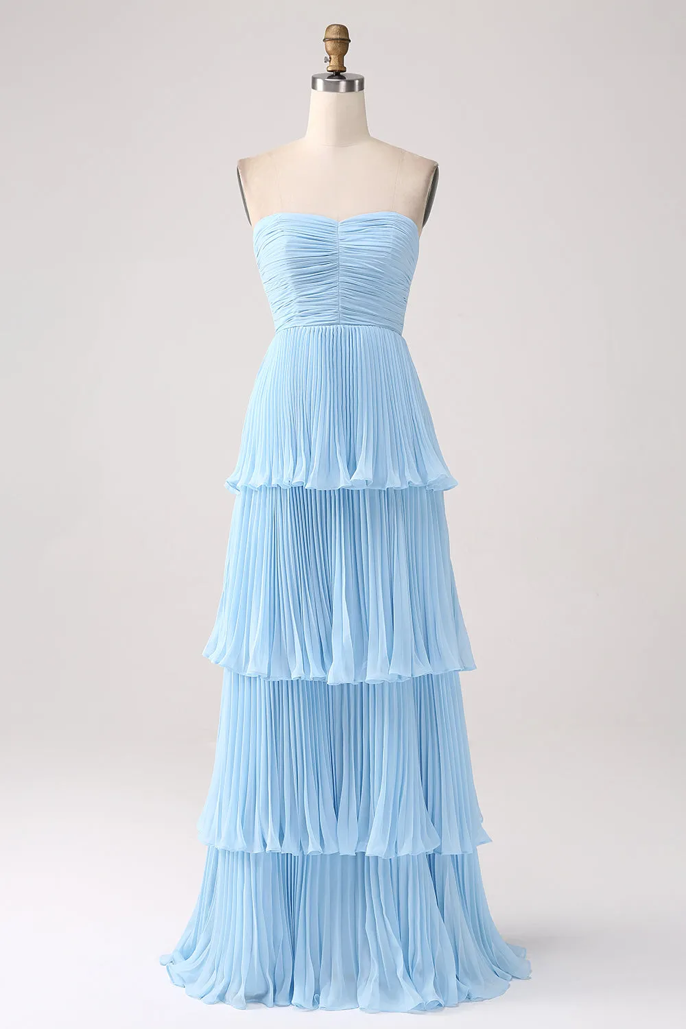 Strapless Sky Blue Sweetheart Long Bridesmaid Dress with Pleated sold by Zapaka