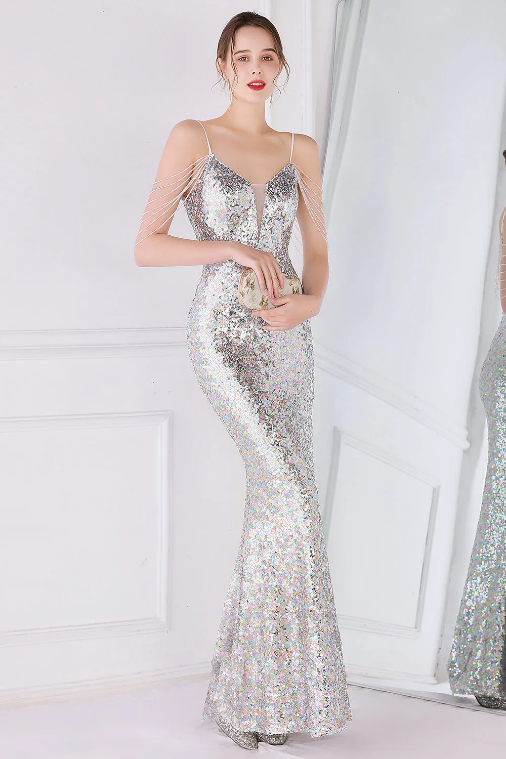 Silver Pink Sequined Spaghetti Straps Mermaid Prom Dress sold by Zapaka product image thumbnail 4