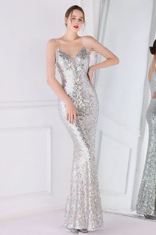 Silver Pink Sequined Spaghetti Straps Mermaid Prom Dress sold by Zapaka