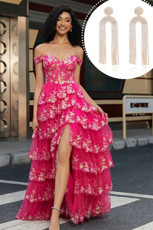 Trendy A Line Off the Shoulder Fuchsia Split Front Corset Prom Dress with Accessories Set sold by Zapaka