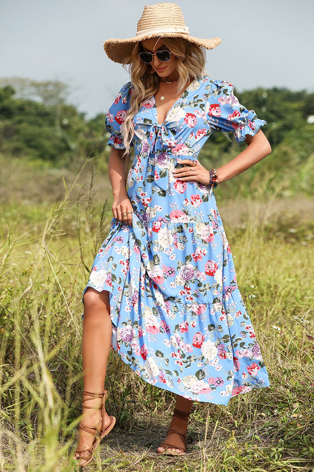 Blue Floral Print Maxi Summer Dress sold by Zapaka product image thumbnail 4