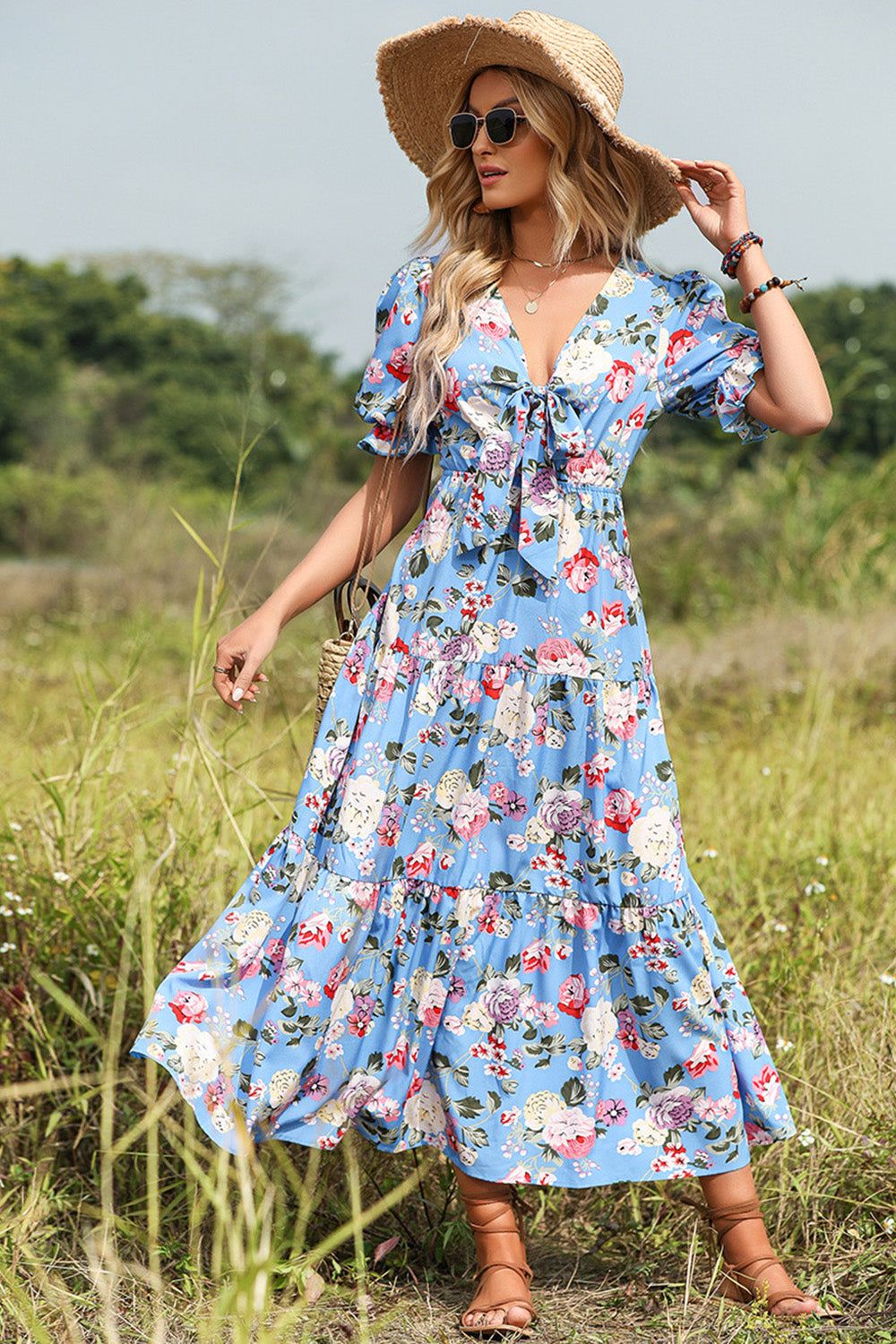 Blue Floral Print Maxi Summer Dress sold by Zapaka