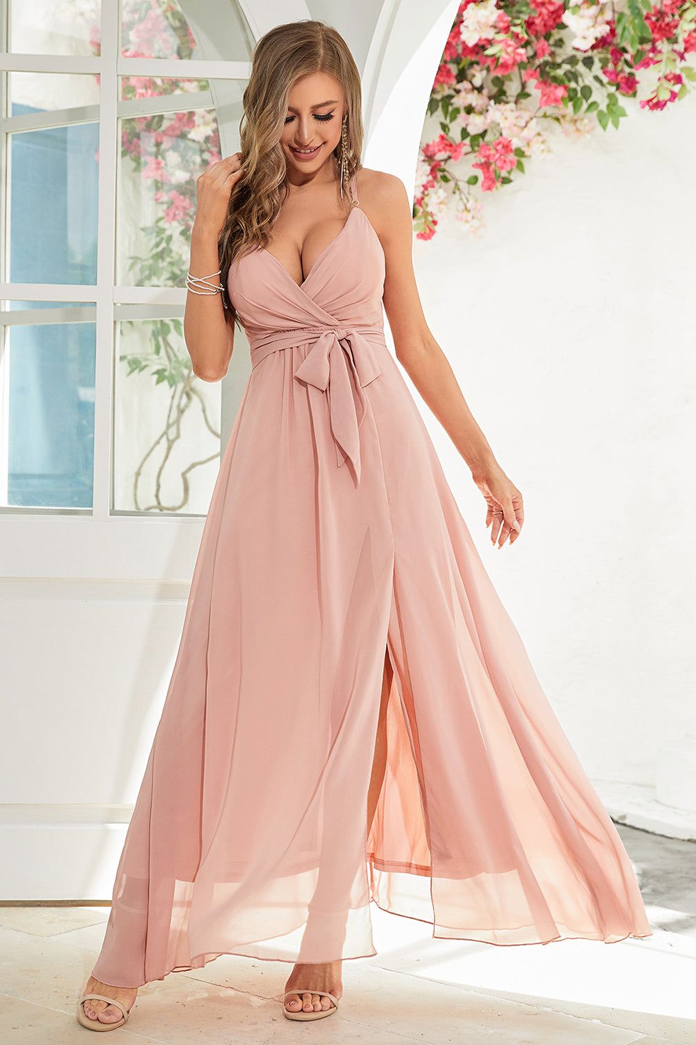 Chiffon A-Line Blush Pink Long Formal Dress with Slit sold by Zapaka product image thumbnail 4