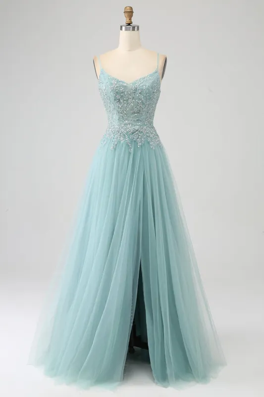 Sparkly Light Green A-Line Sequin Applique Corset Prom Dress With Slit sold by Zapaka