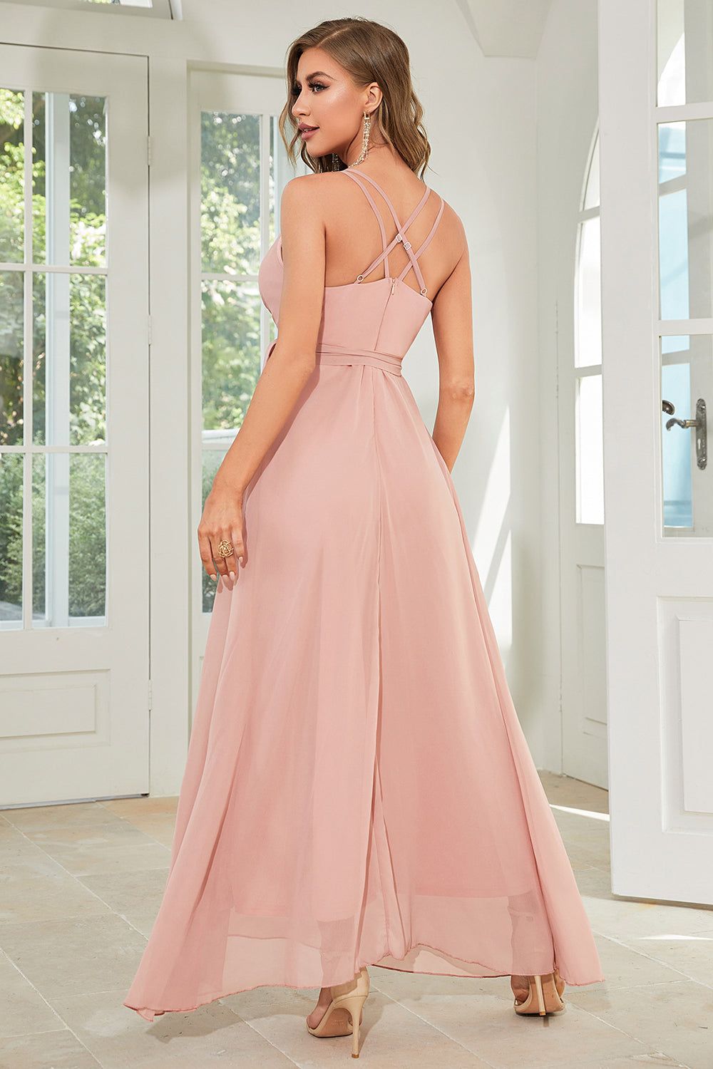 Chiffon A-Line Blush Pink Long Formal Dress with Slit sold by Zapaka product image thumbnail 2