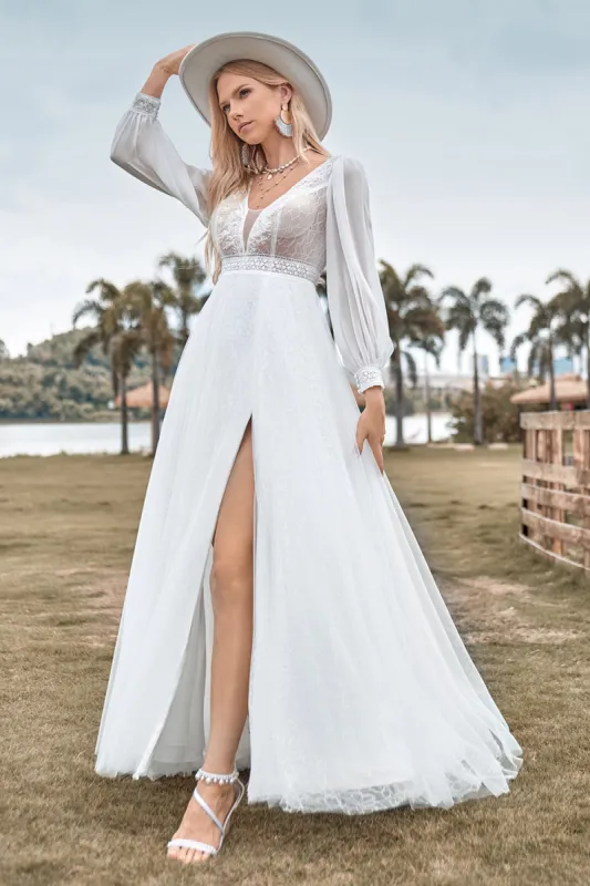 A-Line Tulle Beaded Ivory Wedding Dress with Long Sleeves sold by Zapaka