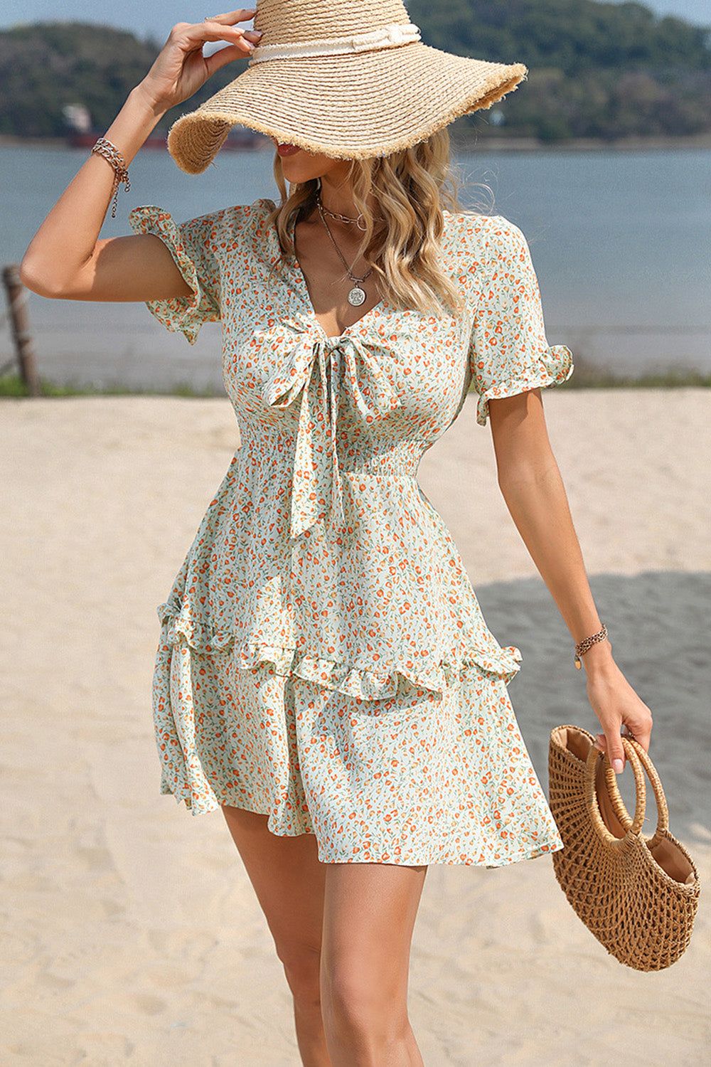 Beige Tiny Flower Mini Summer Dress sold by Zapaka product image thumbnail 3