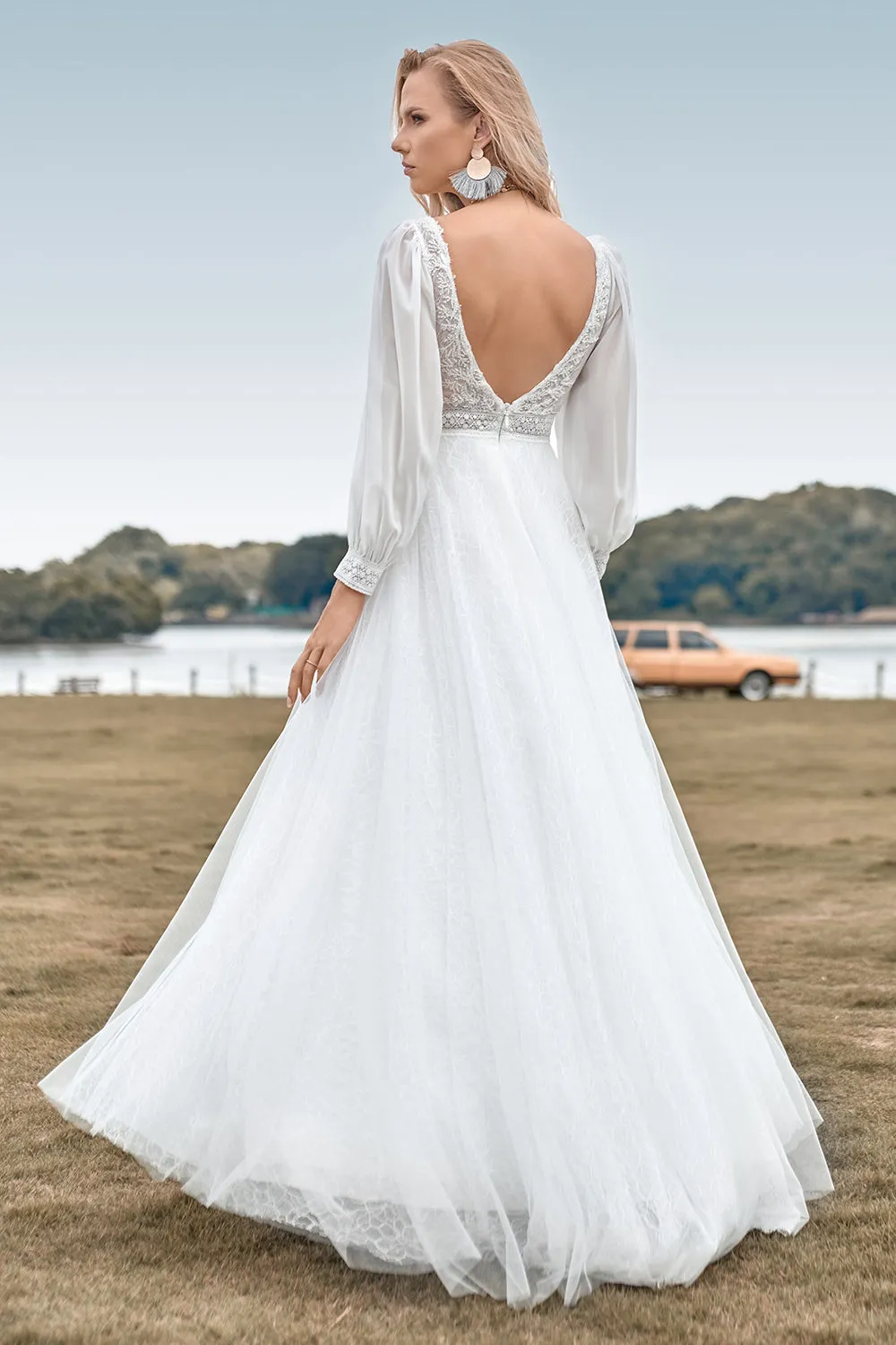A-Line Tulle Beaded Ivory Wedding Dress with Long Sleeves sold by Zapaka product image thumbnail 2