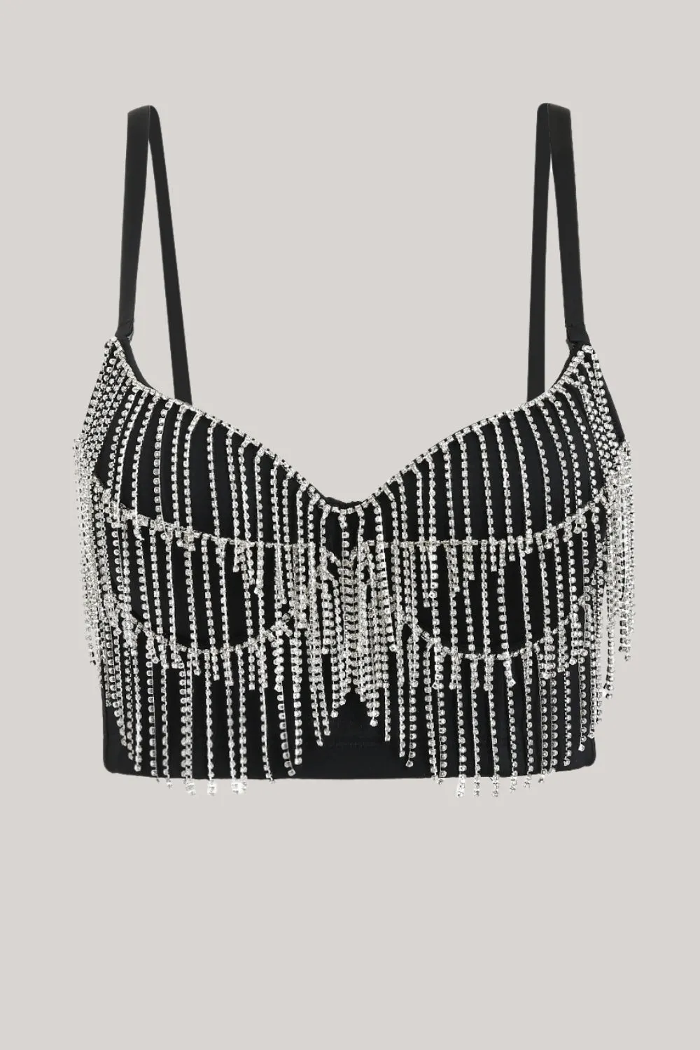 Sparkly Black Rhinestone Fringe Crop Top sold by Zapaka