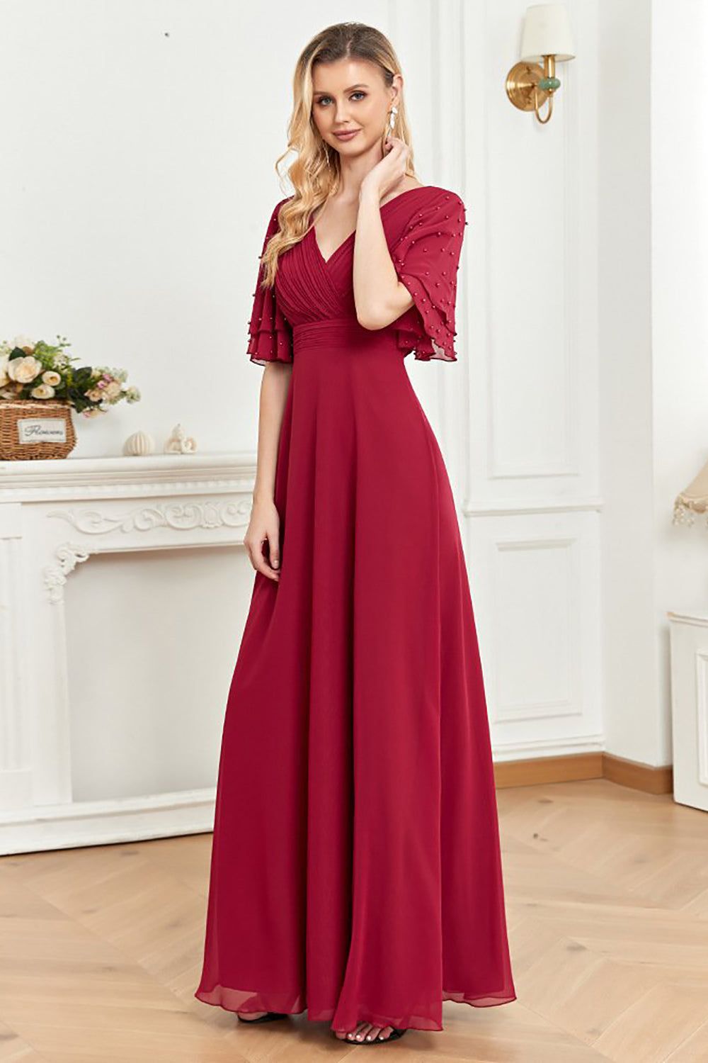 A Line Burgundy Beaded V-Neck Long Prom Dress sold by Zapaka product image thumbnail 3