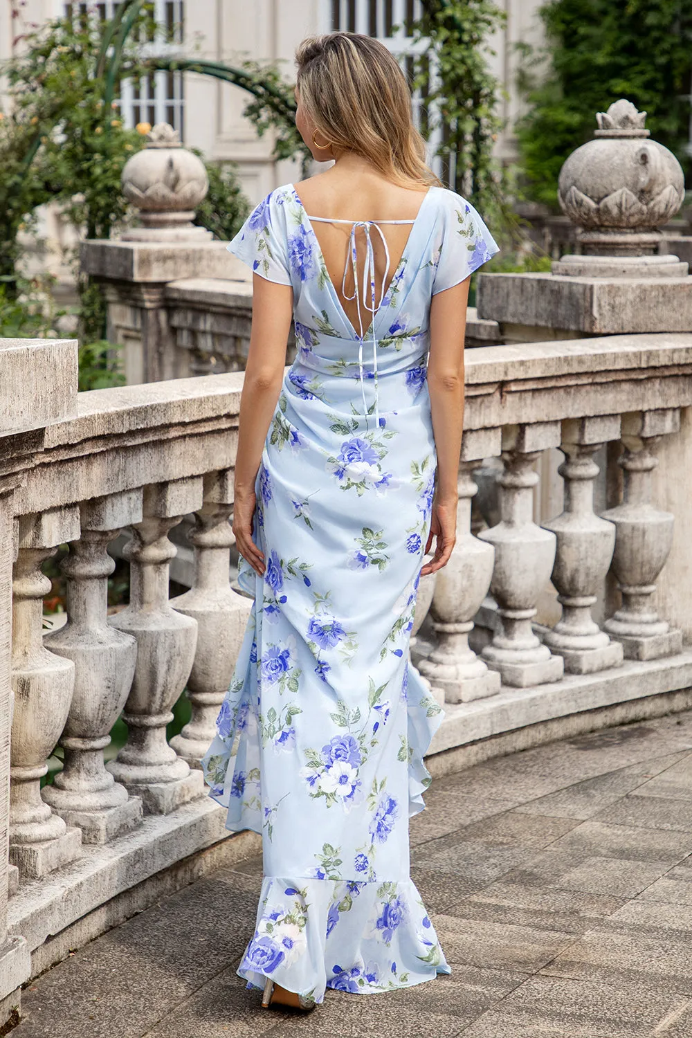 Blue Floral A Line Ruffles Asymmetrical Wedding Party Guest Dress with Slit sold by Zapaka product image thumbnail 2