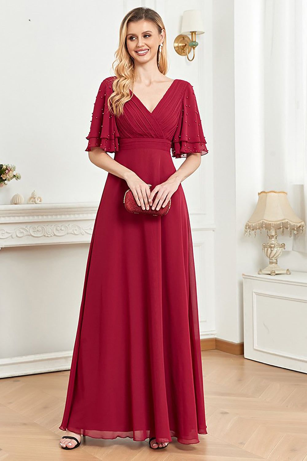 A Line Burgundy Beaded V-Neck Long Prom Dress sold by Zapaka product image thumbnail 4