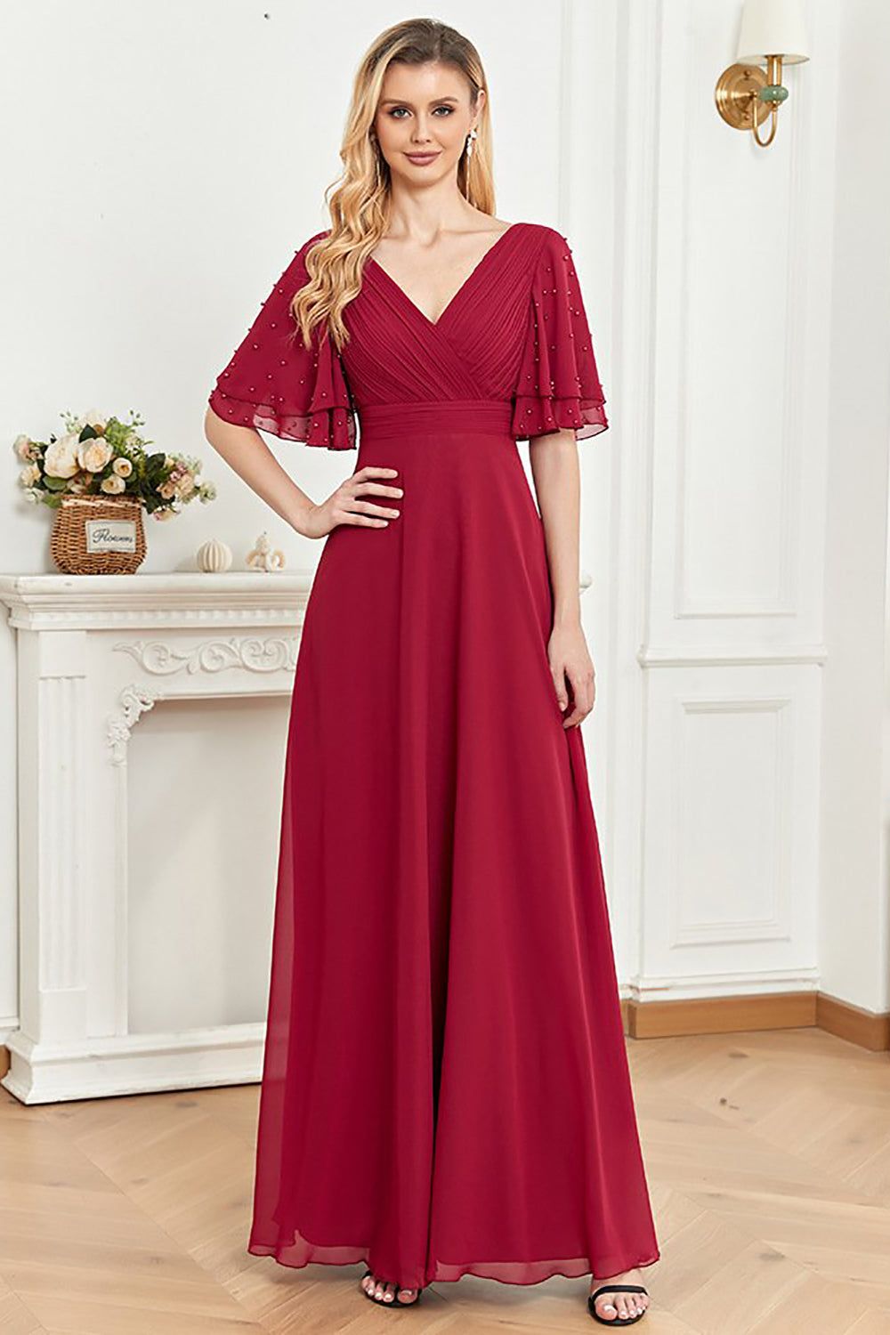 A Line Burgundy Beaded V-Neck Long Prom Dress sold by Zapaka