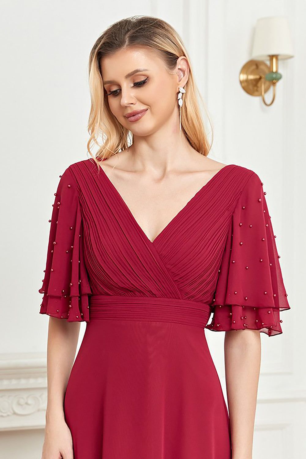 A Line Burgundy Beaded V-Neck Long Prom Dress sold by Zapaka product image thumbnail 5