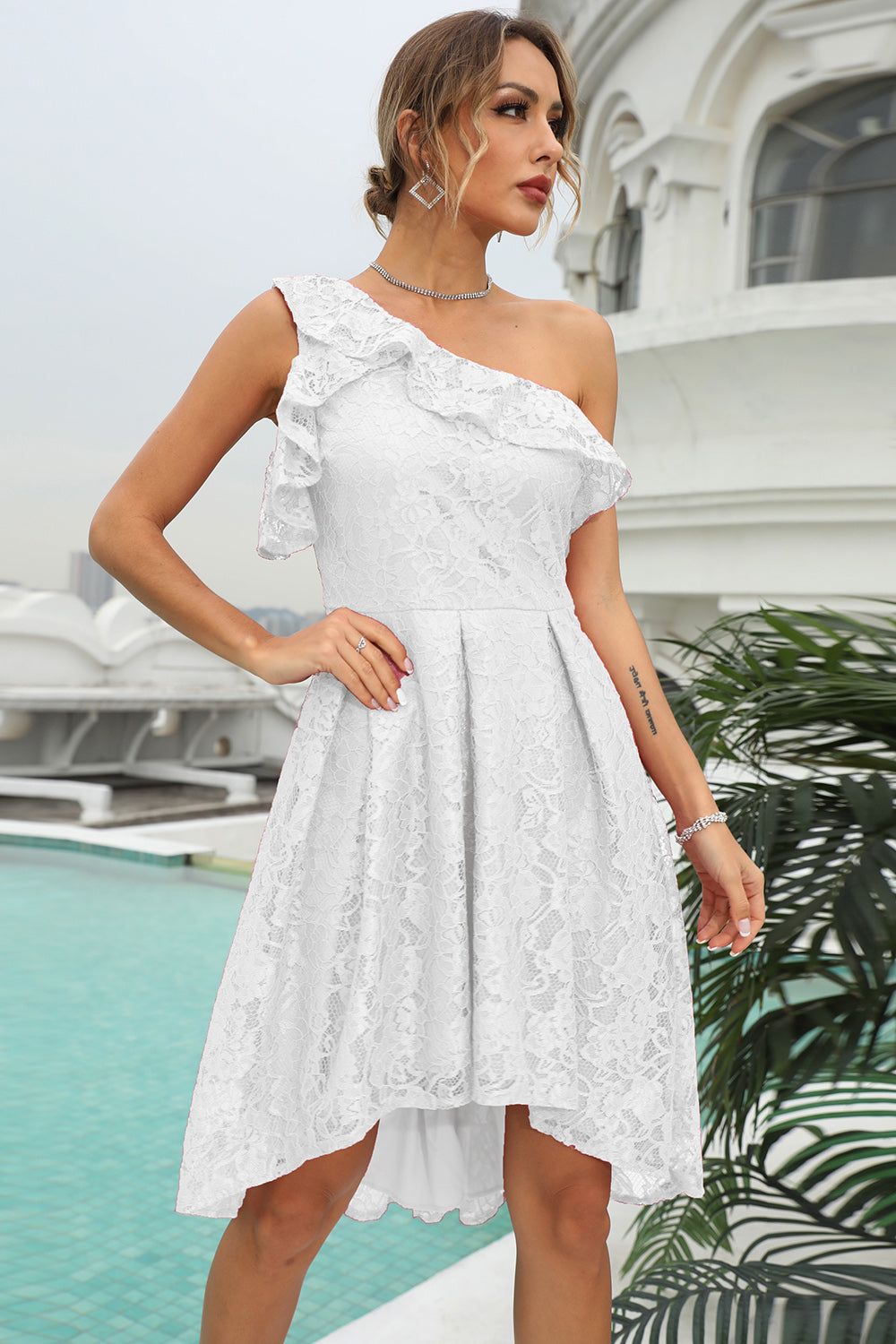 A Line High Low One Shoulder Coral Lace Dress sold by Zapaka product image thumbnail 5