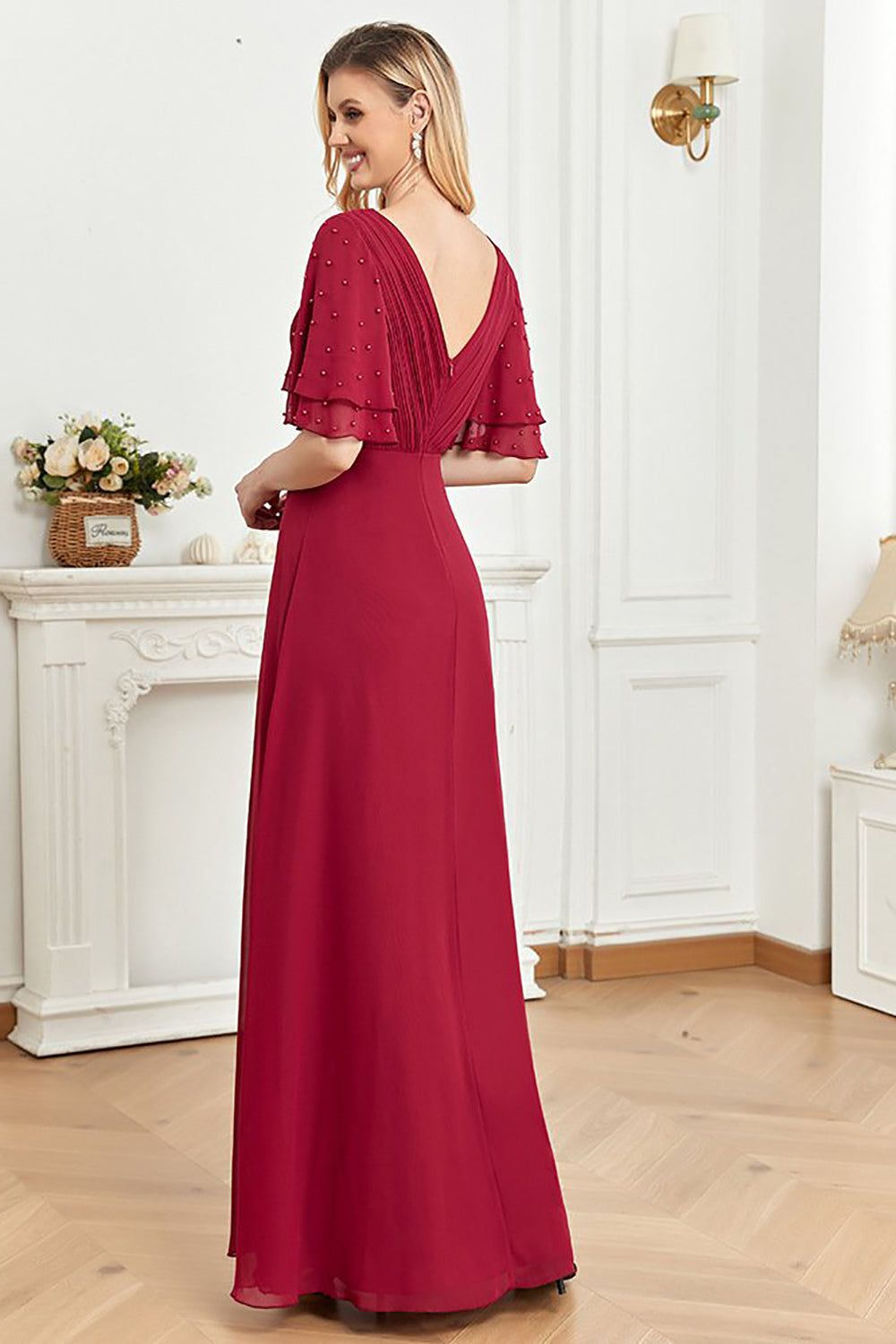 A Line Burgundy Beaded V-Neck Long Prom Dress sold by Zapaka product image thumbnail 2