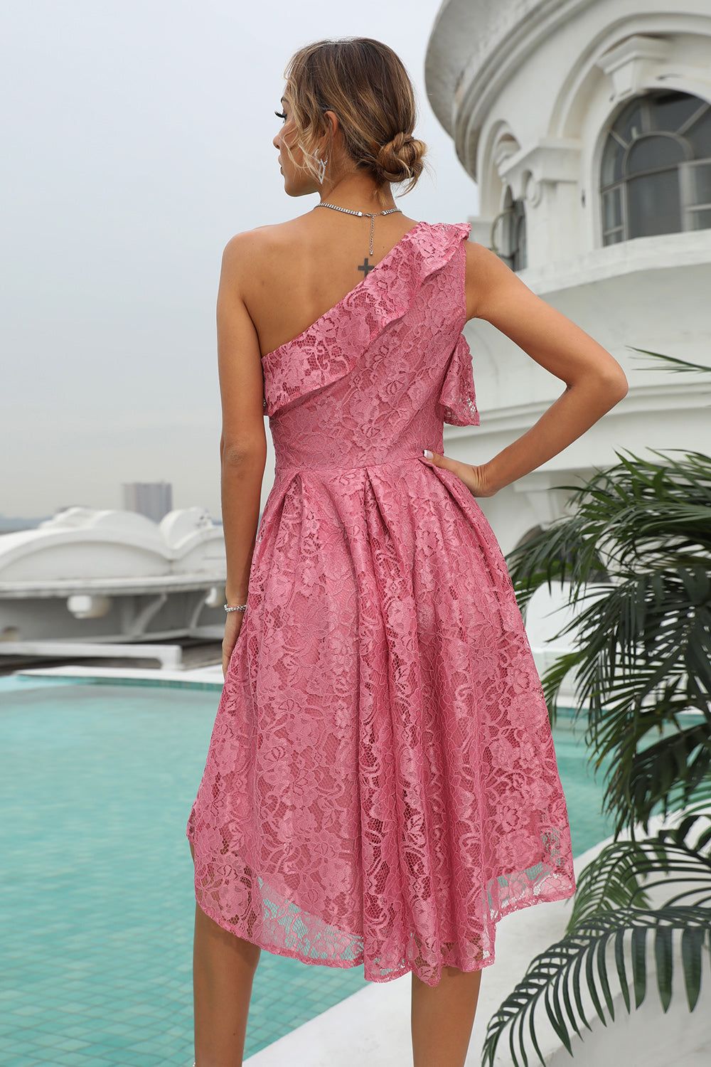 A Line High Low One Shoulder Coral Lace Dress sold by Zapaka product image thumbnail 2