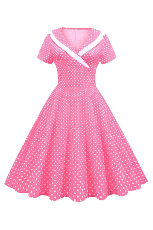 Pink Polka Dots V-Neck Short Sleeves 1950s Dress sold by Zapaka