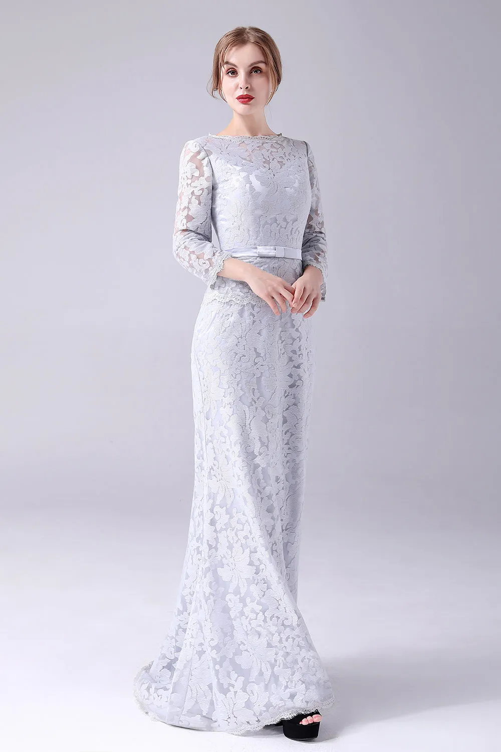 Silver Lace Sheath Long Sleeves Floor Length Mother of the Bride Dress sold by Zapaka product image thumbnail 3