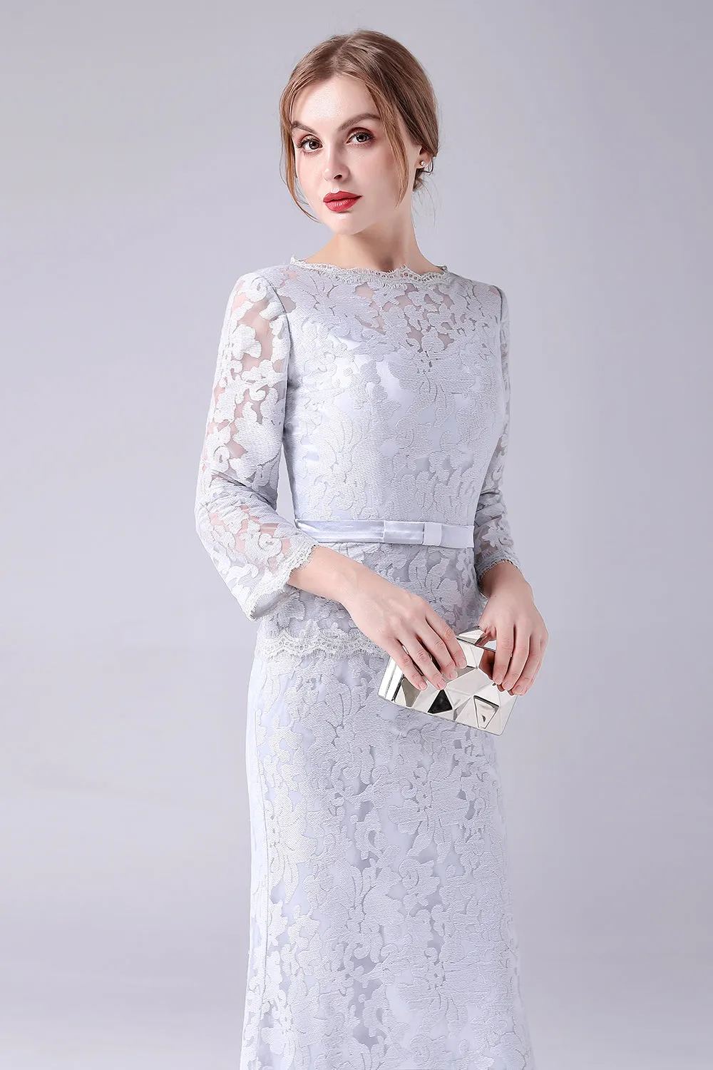 Silver Lace Sheath Long Sleeves Floor Length Mother of the Bride Dress sold by Zapaka product image thumbnail 4