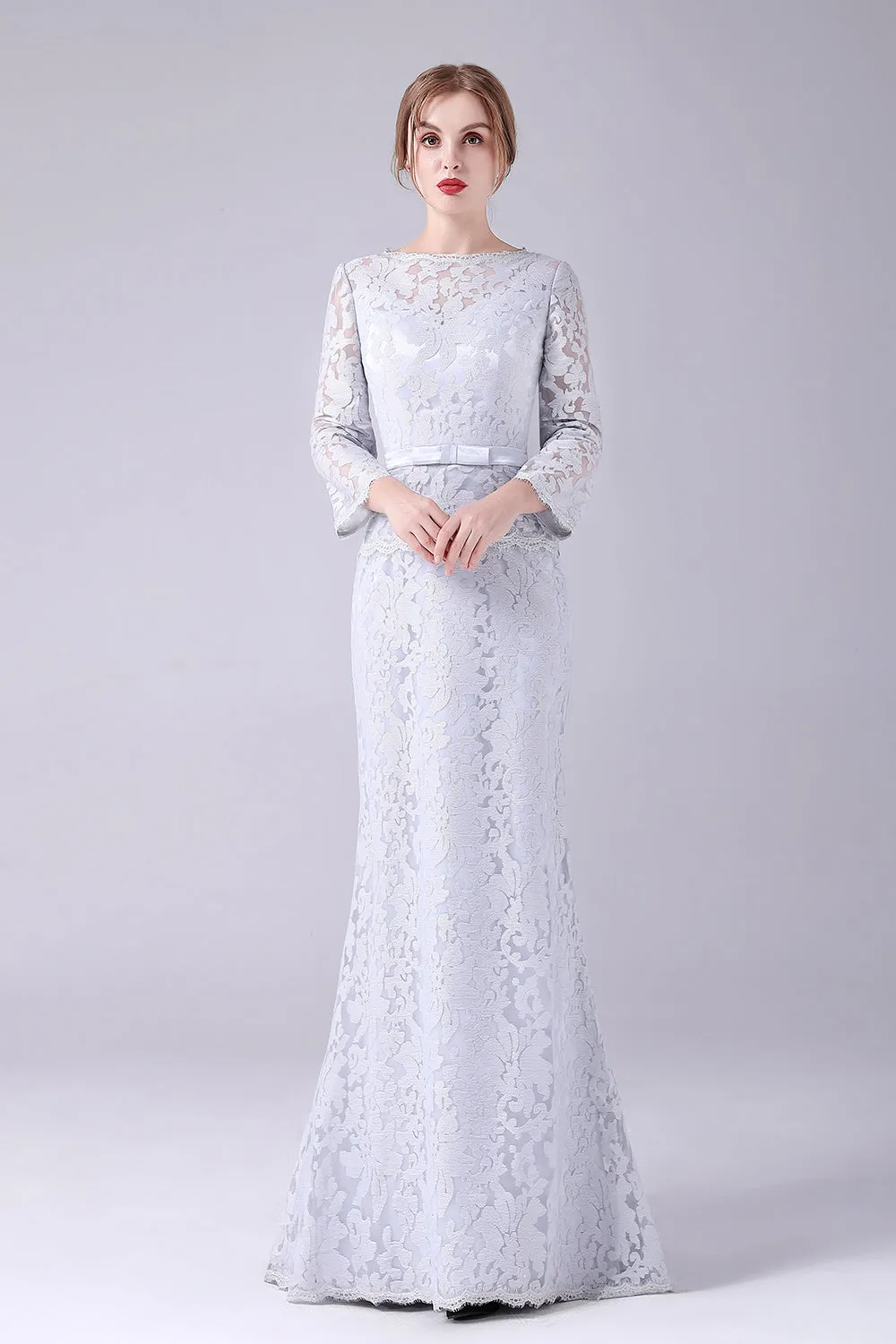 Silver Lace Sheath Long Sleeves Floor Length Mother of the Bride Dress sold by Zapaka