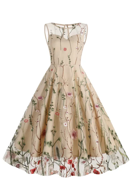 Light Khaki Embroidery Vintage 1950s Dress sold by Zapaka