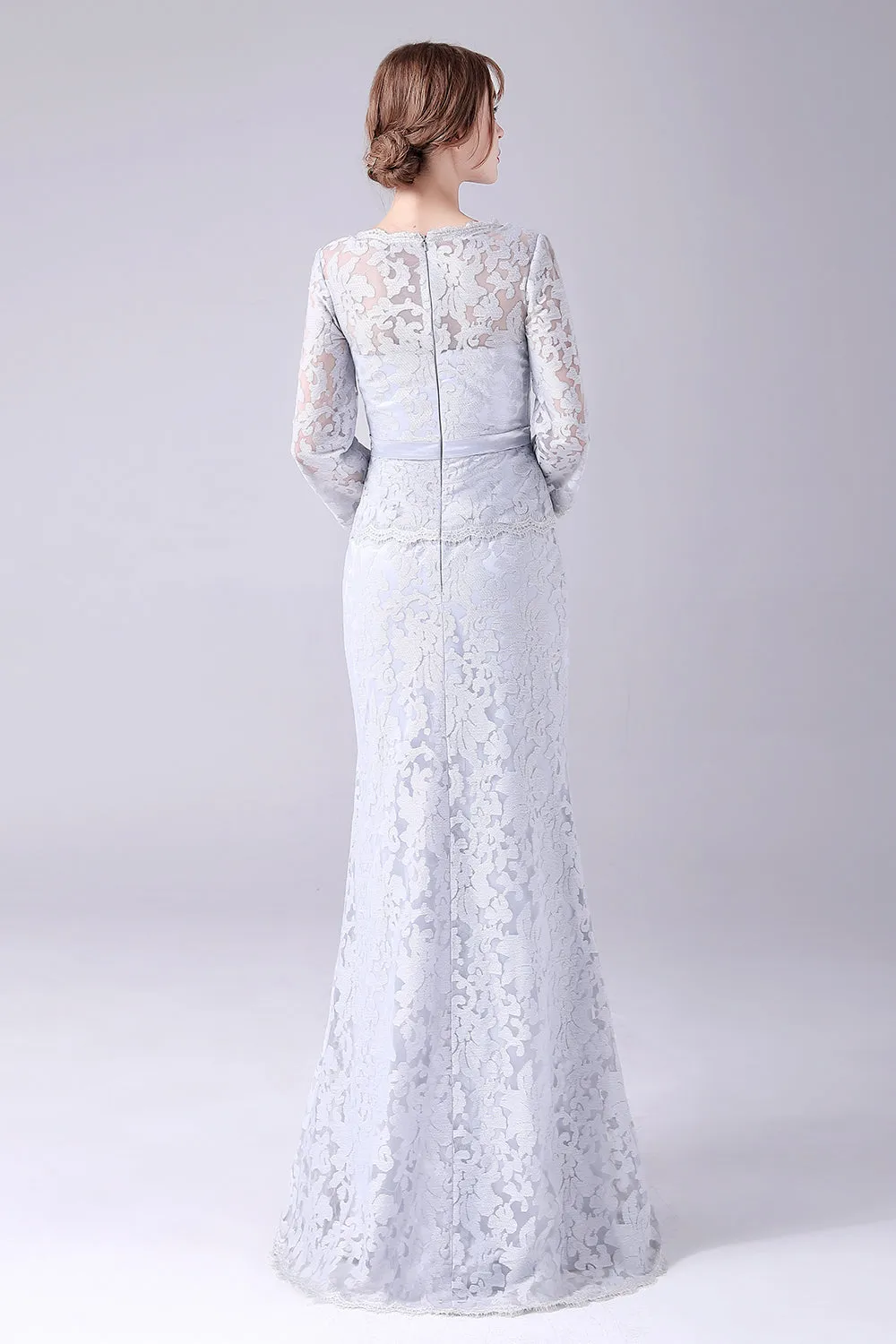 Silver Lace Sheath Long Sleeves Floor Length Mother of the Bride Dress sold by Zapaka product image thumbnail 2