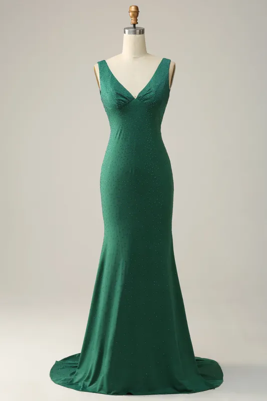Mermaid V Neck Green Long Formal Dress with Beading sold by Zapaka