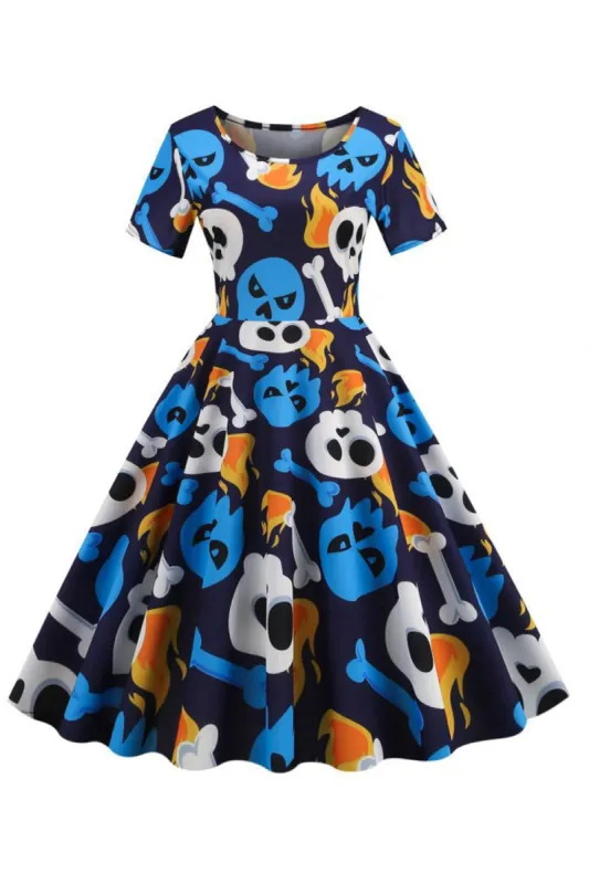 Skull Printed Blue Halloween Retro Dress sold by Zapaka