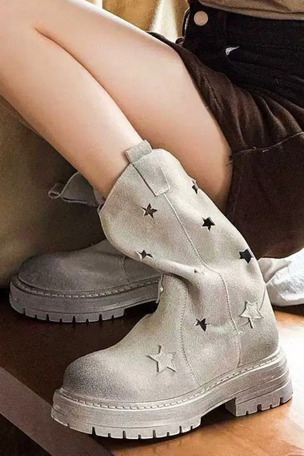 Fashion Grey Mid Calf Round Toe Slip On Boots sold by Zapaka product image thumbnail 4