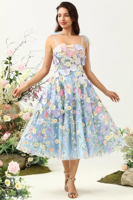 Cute A Line Spaghetti Straps Blue Tea Length Prom Dress with 3D Flowers sold by Zapaka