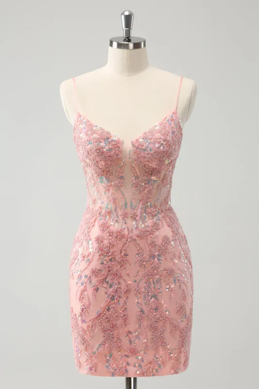 Glitter Blush Spaghetti Straps Tight Short Homecoming Dress with Beading sold by Zapaka