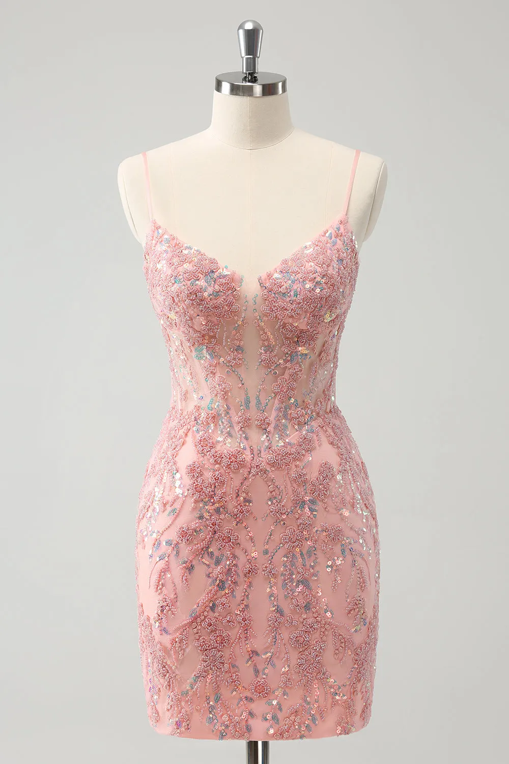 Glitter Blush Spaghetti Straps Tight Short Homecoming Dress with Beading sold by Zapaka