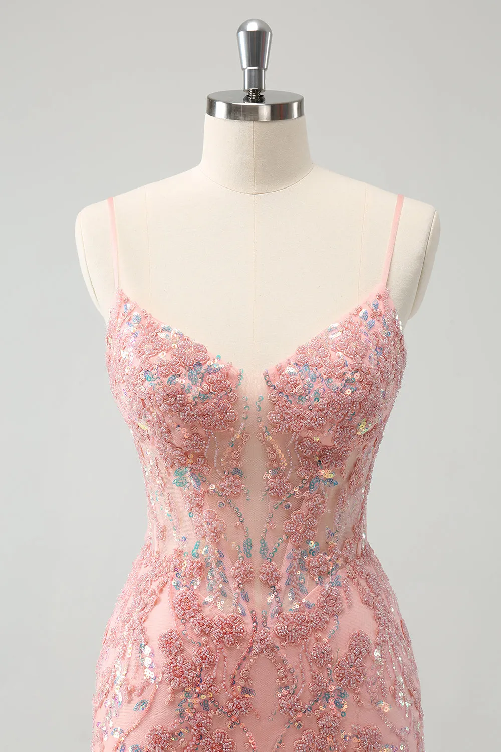 Glitter Blush Spaghetti Straps Tight Short Homecoming Dress with Beading sold by Zapaka product image thumbnail 4