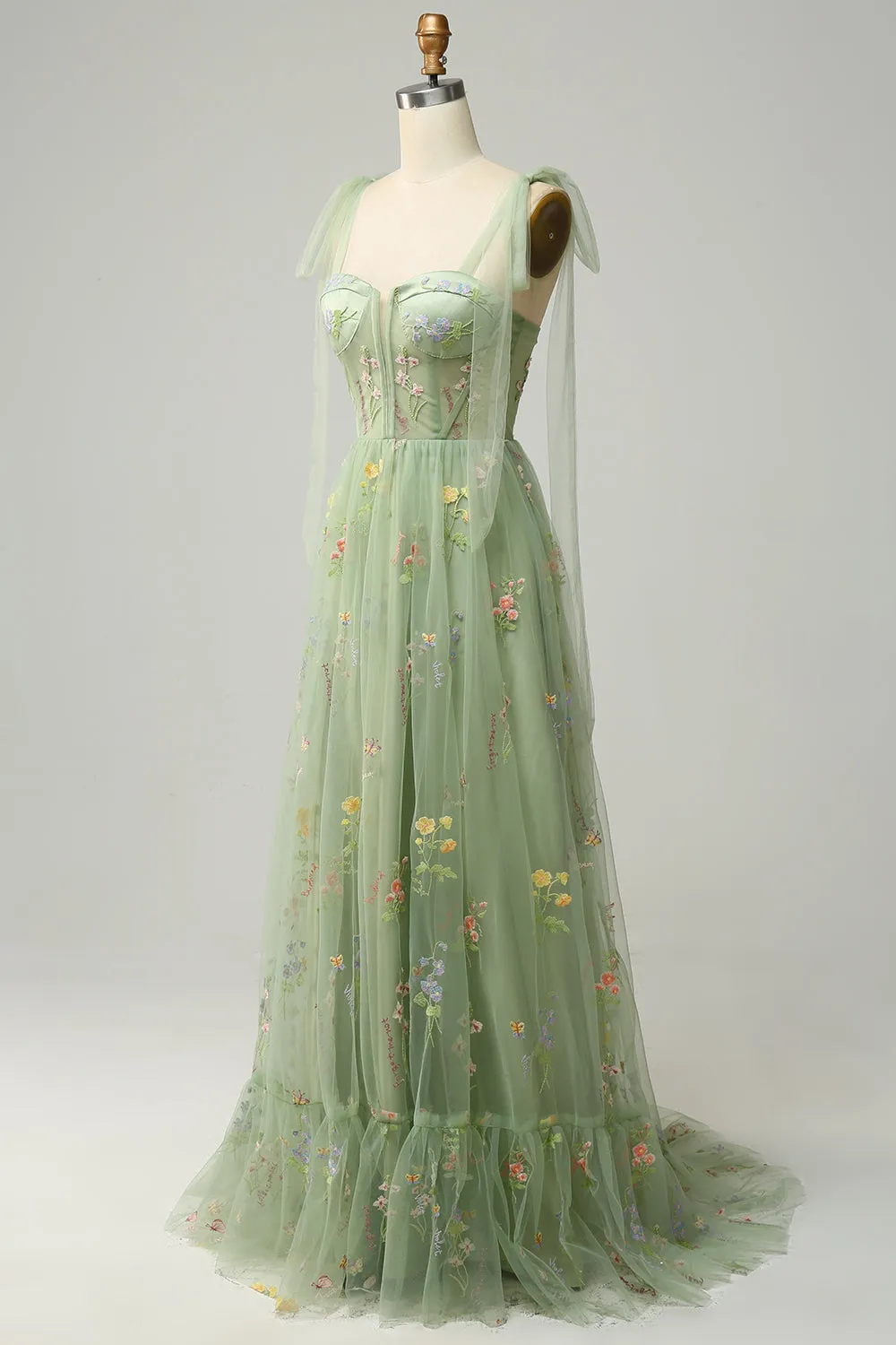 Green Tulle A Line Corset Plus Size Prom Dress with Embroidered sold by Zapaka product image thumbnail 3