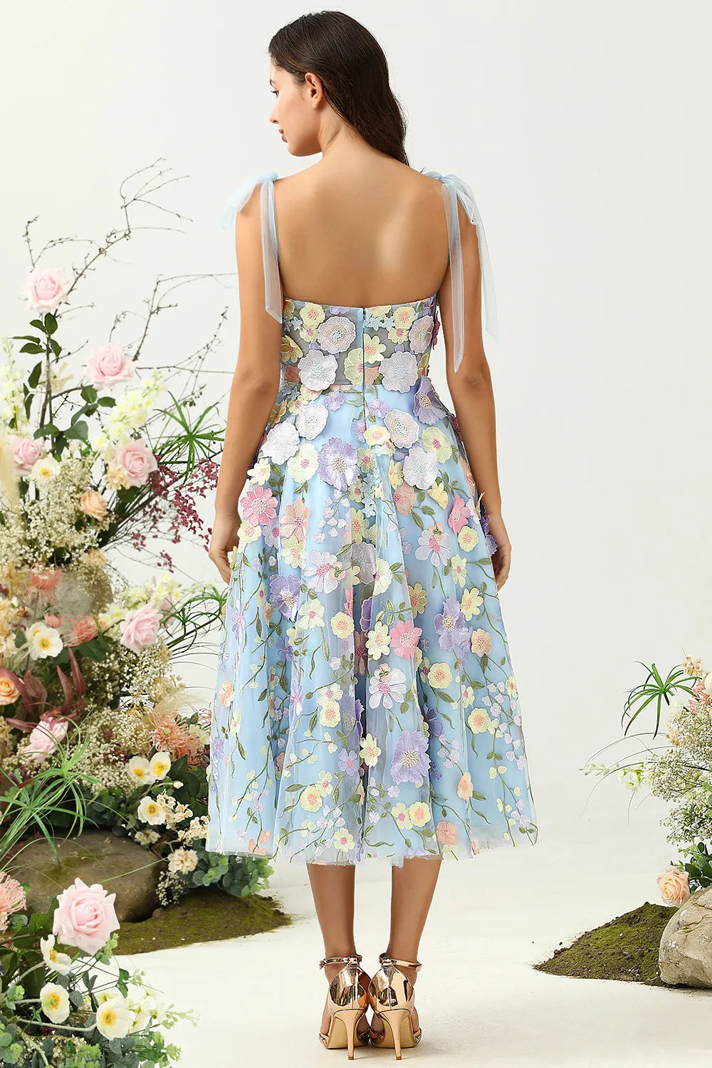 Cute A Line Spaghetti Straps Blue Tea Length Prom Dress with 3D Flowers sold by Zapaka product image thumbnail 2