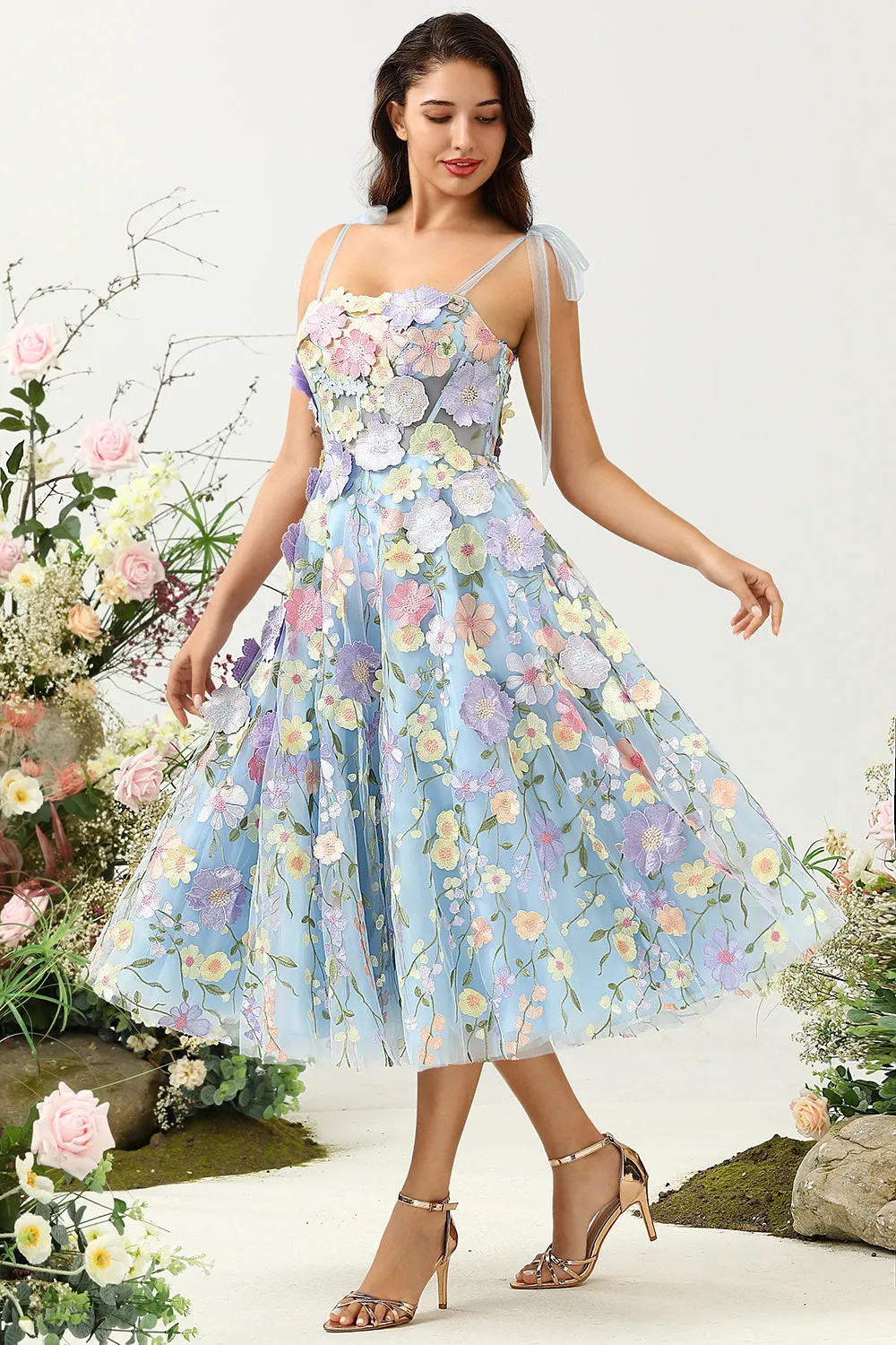 Cute A Line Spaghetti Straps Blue Tea Length Prom Dress with 3D Flowers sold by Zapaka product image thumbnail 3