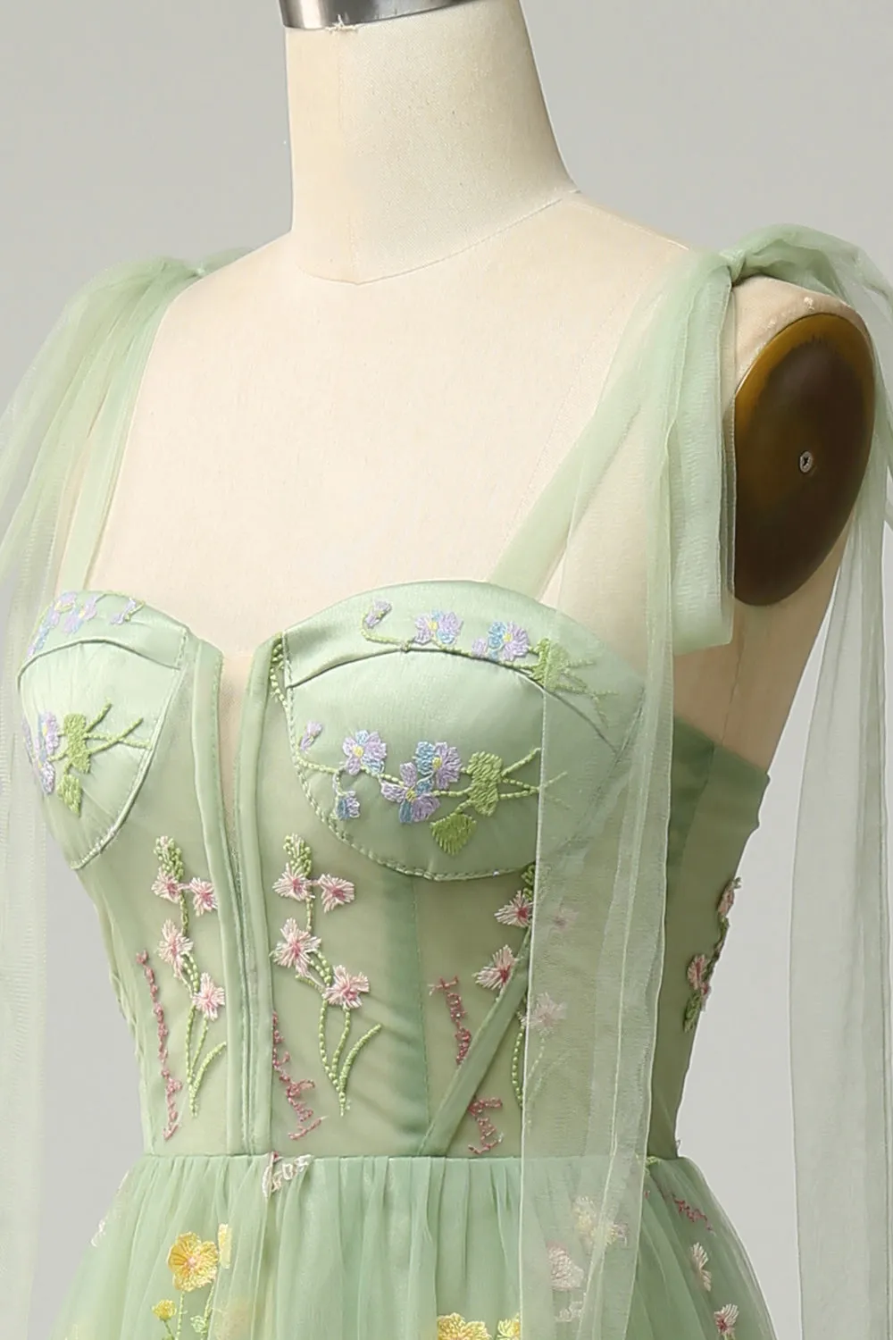 Green Tulle A Line Corset Plus Size Prom Dress with Embroidered sold by Zapaka product image thumbnail 5