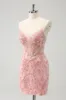 Glitter Blush Spaghetti Straps Tight Short Homecoming Dress with Beading sold by Zapaka
