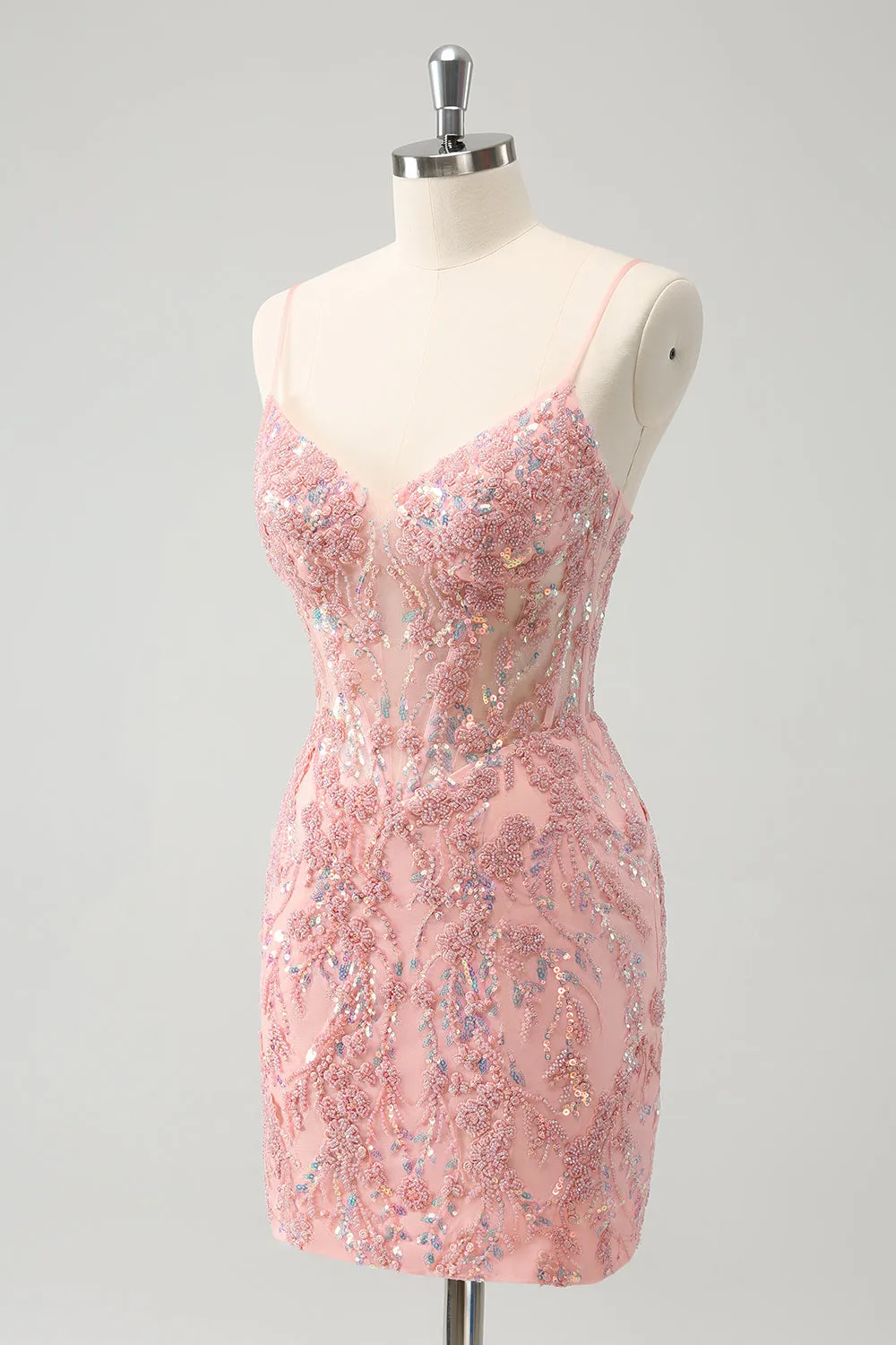 Glitter Blush Spaghetti Straps Tight Short Homecoming Dress with Beading sold by Zapaka product image thumbnail 3