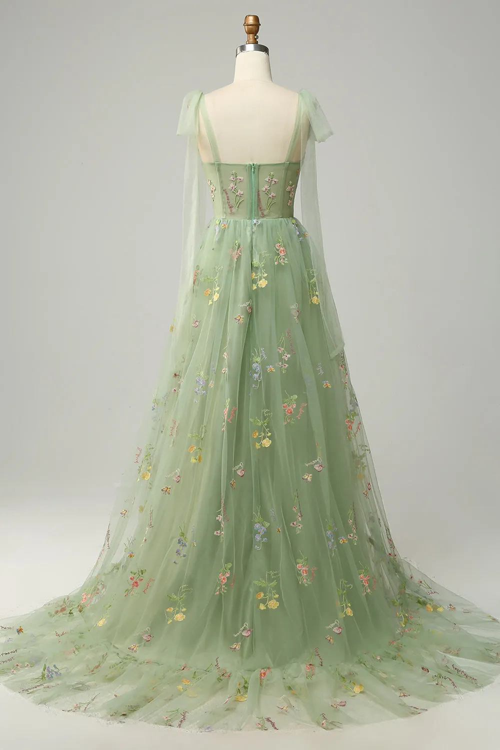 Green Tulle A Line Corset Plus Size Prom Dress with Embroidered sold by Zapaka product image thumbnail 2