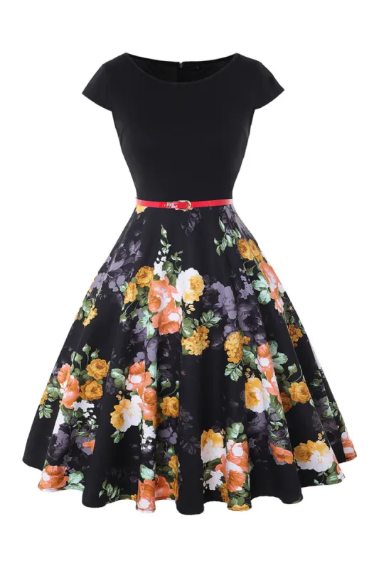 Boat Neck Flower Printed Black 1950s Dress with Belt sold by Zapaka
